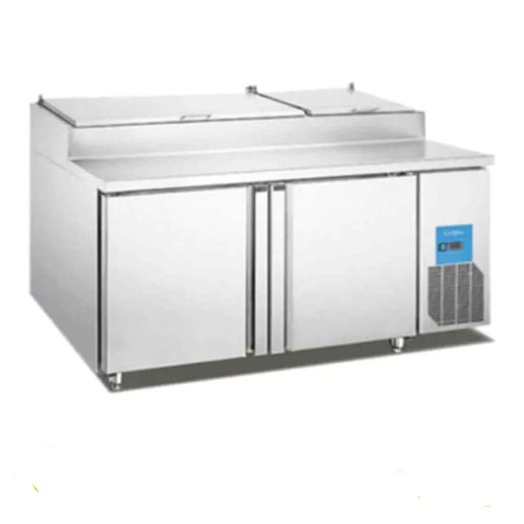 Mesa pizzera refrigerada Migsa con charolas para ingredientes y superficie de preparación en acero inoxidable