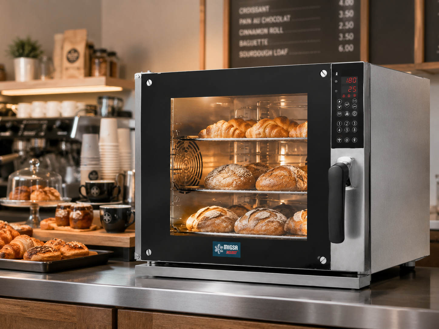 Horno de convección digital Migsa HDM-600 en uso dentro de cafetería o panadería