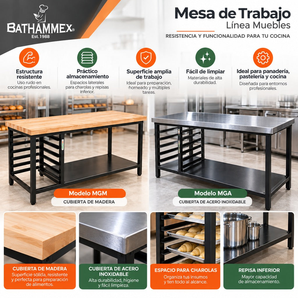 Beneficios mesa Bathammex grande madera MGM o acero MGA