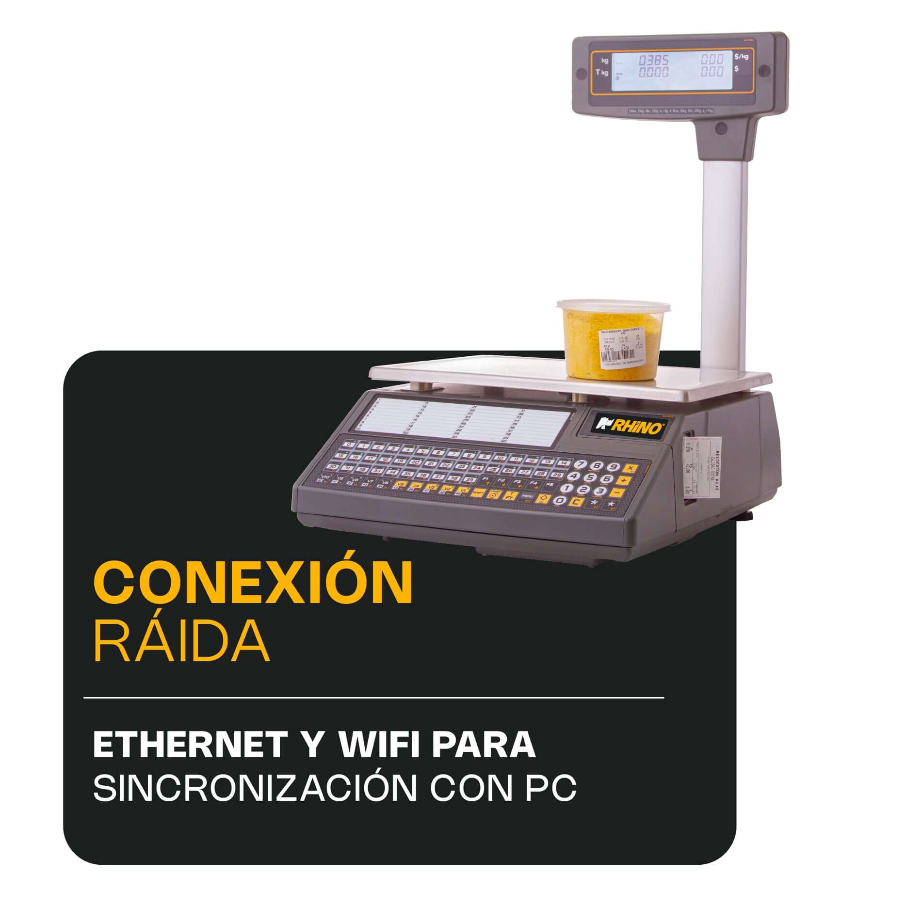 Detalle de la báscula etiquetadora Rhino BAET-30X con botones y accesos directos