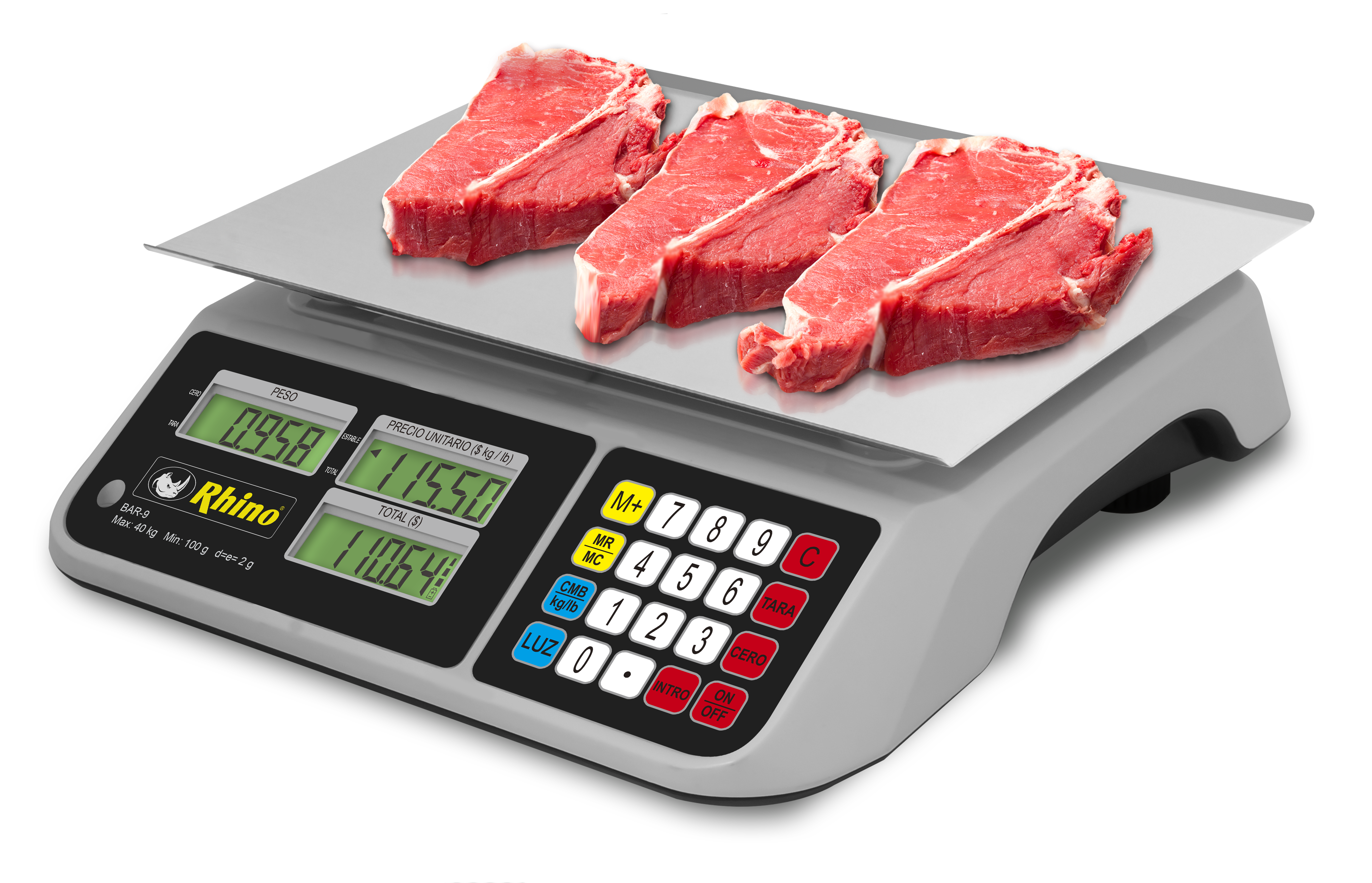 báscula comercial Rhino BAR-9 vista frontal con plato de acero inoxidable