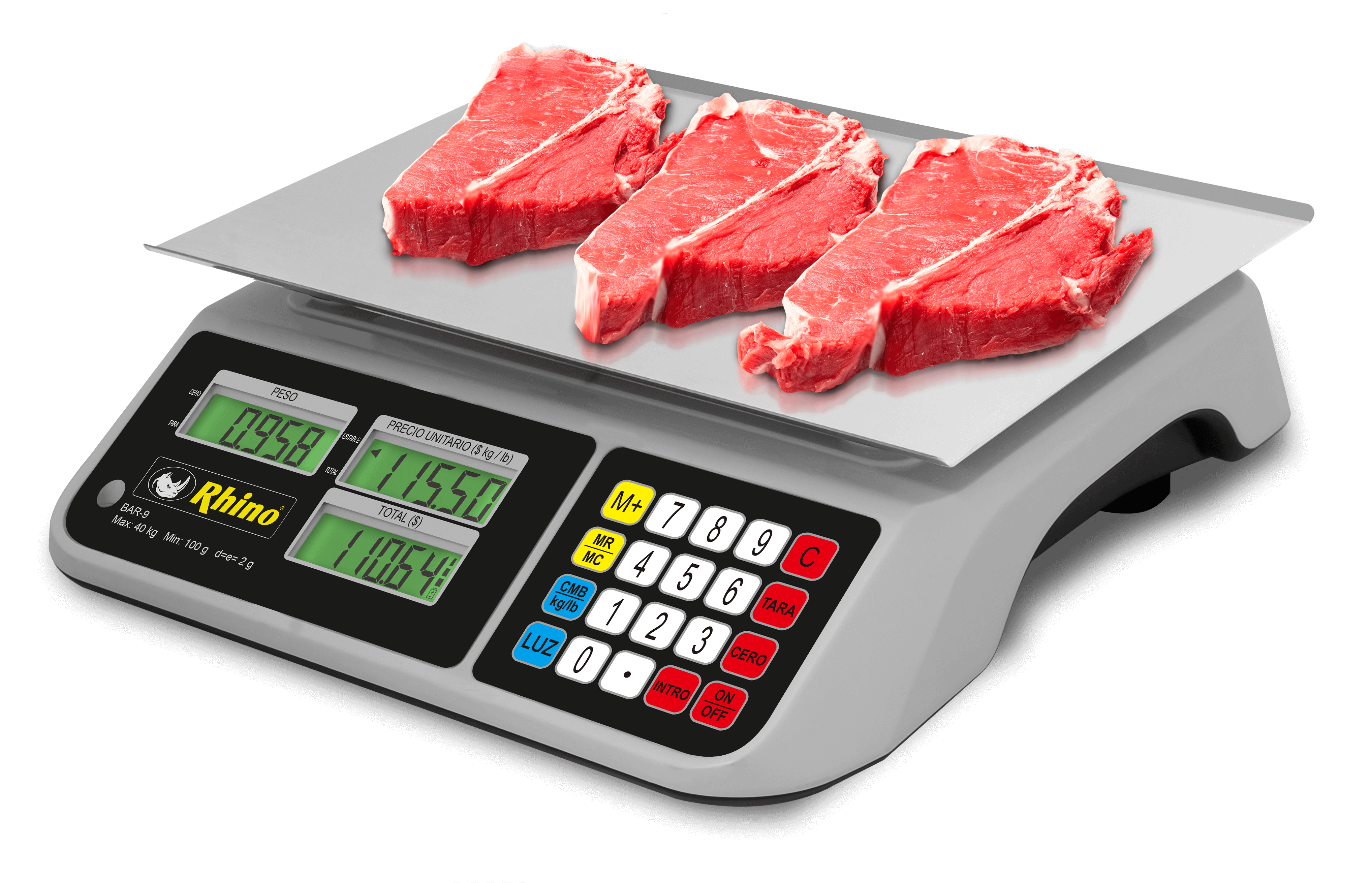 báscula comercial Rhino BAR-9 vista frontal con plato de acero inoxidable