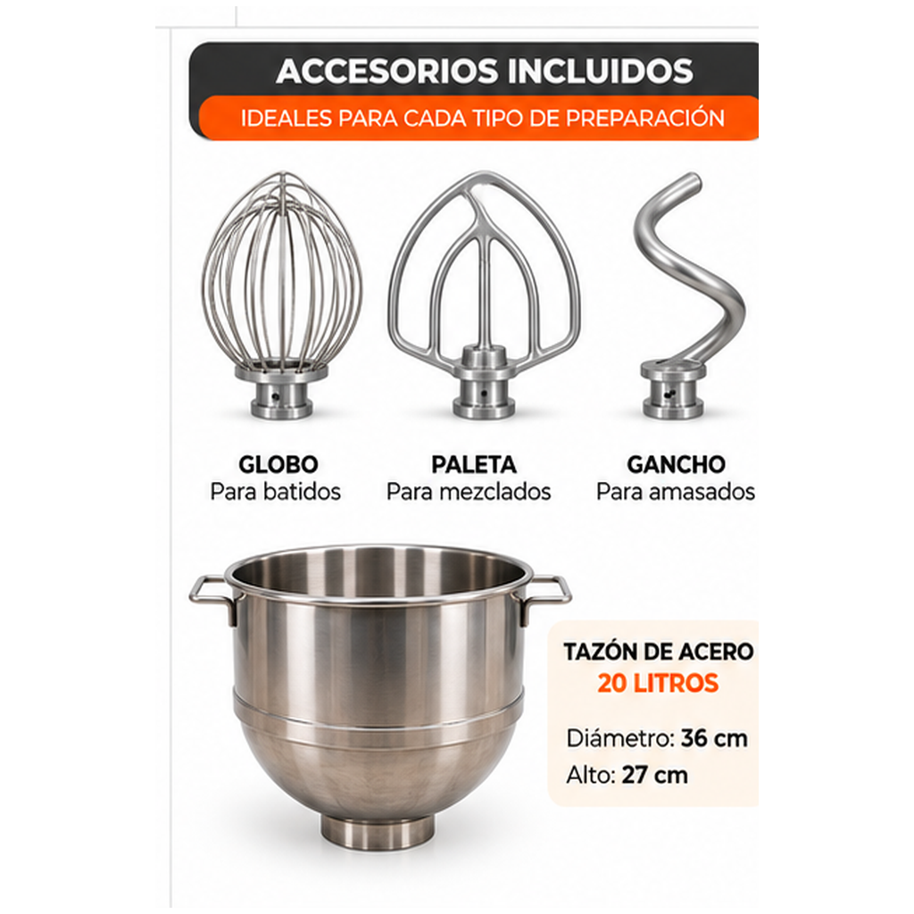 Infografía ilustrativa accesorios batidora BATHAMMEX B20: globo, paleta y gancho