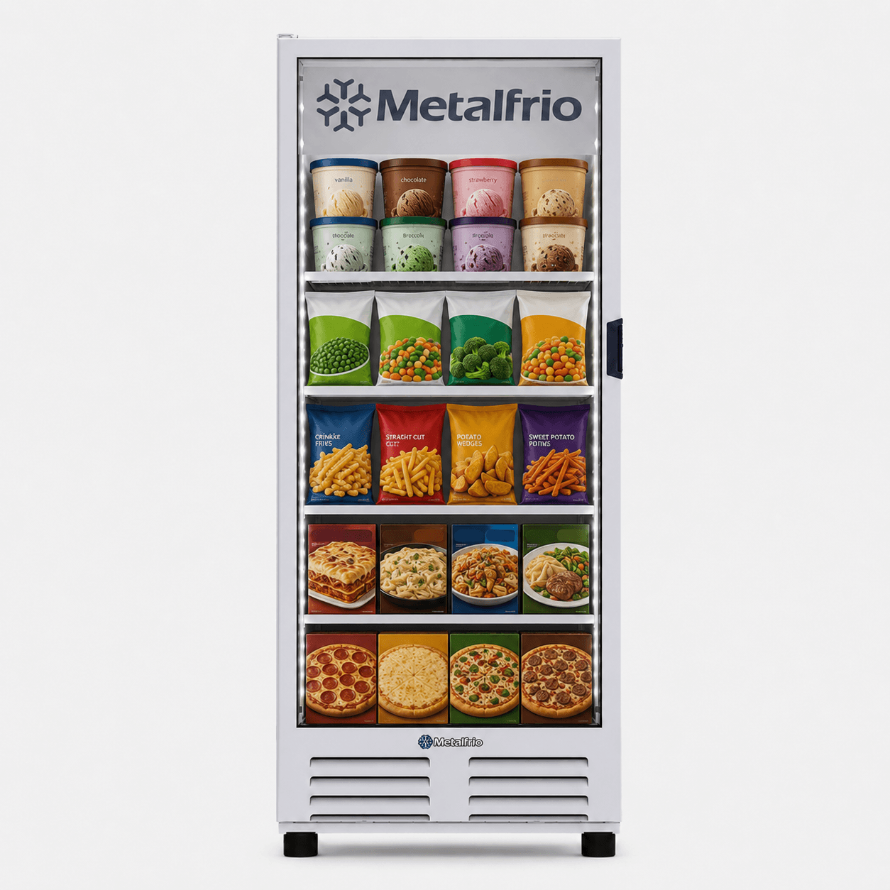 Vista lateral del congelador vertical Metalfrio CVC-15 con iluminación LED