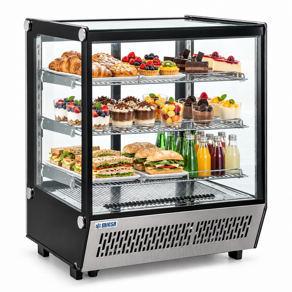 Vitrina refrigerada Migsa CW-145 con postres, bebidas y alimentos en exhibición
