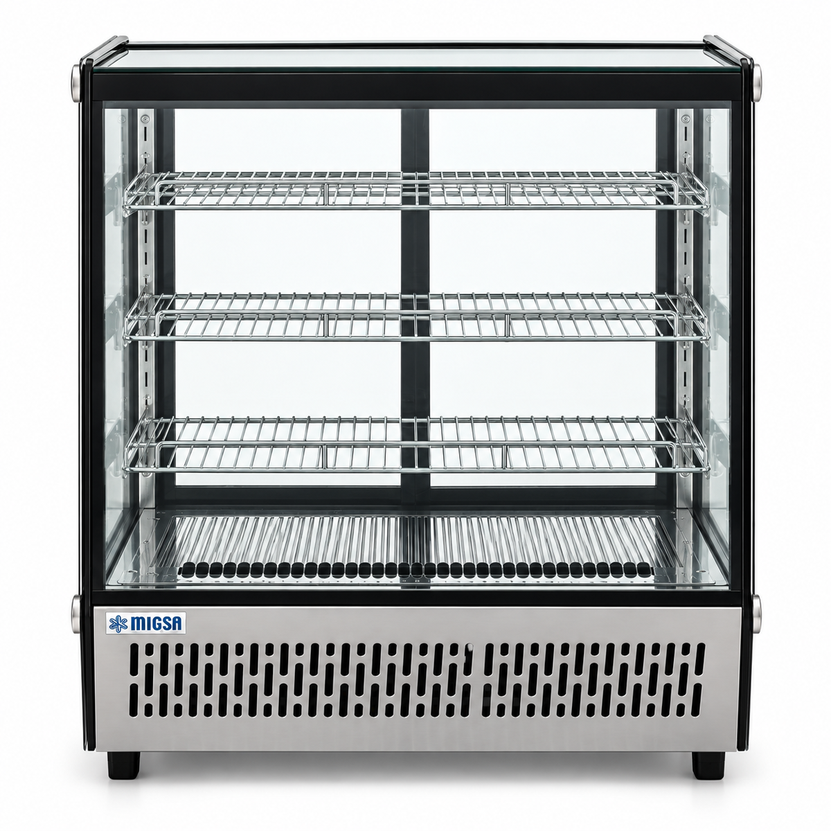 Vista frontal de vitrina refrigerada Migsa CW-145 con tres entrepaños y piso de exhibición