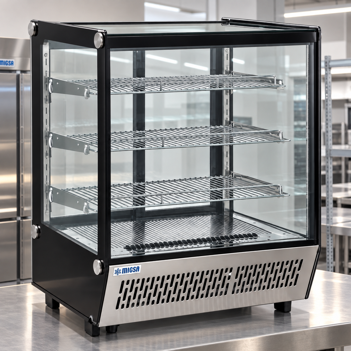 Vitrina refrigerada Migsa CW-145 en exhibición real para cafetería, pastelería o restaurante