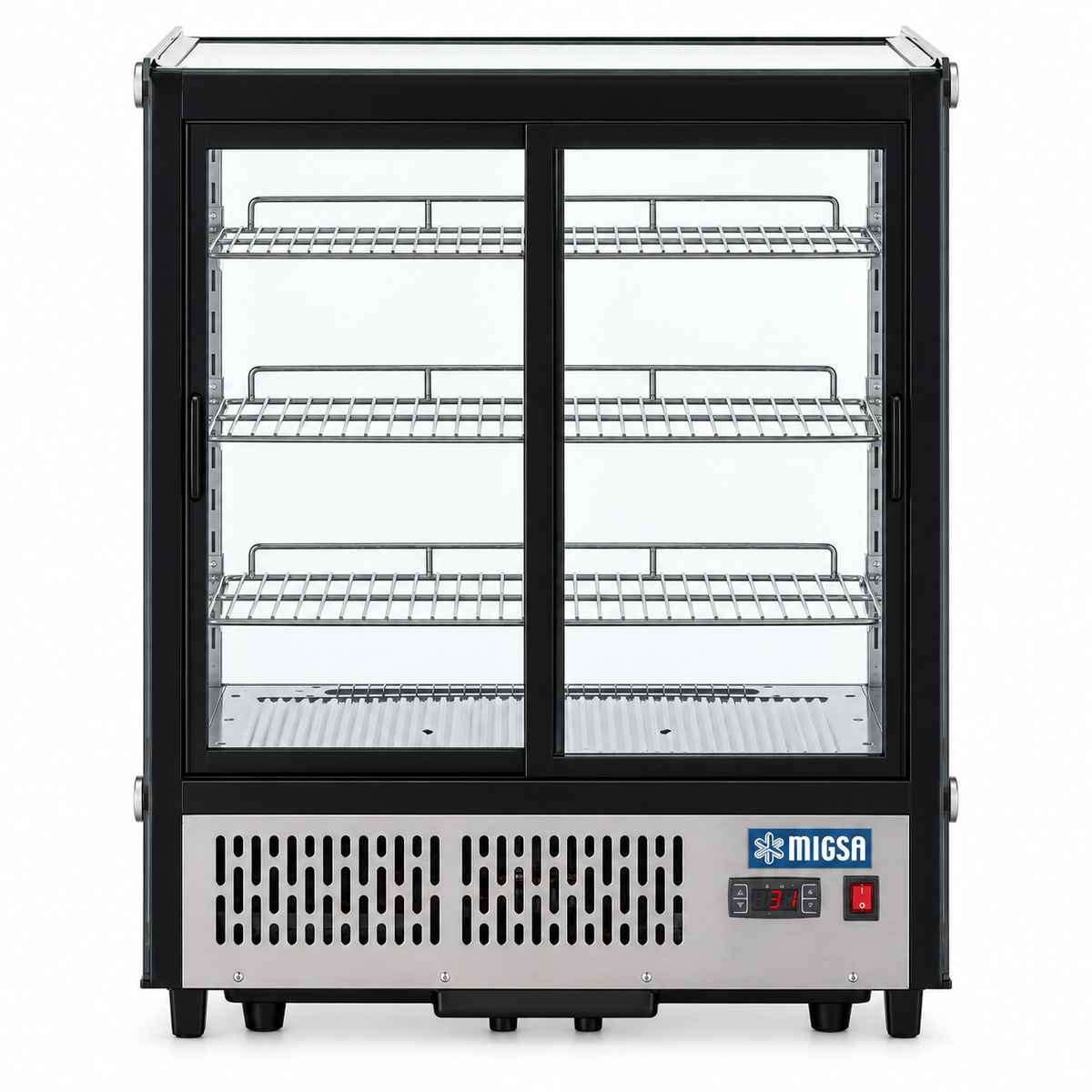 Vista trasera de vitrina refrigerada Migsa CW-145 con puertas corredizas y control digital