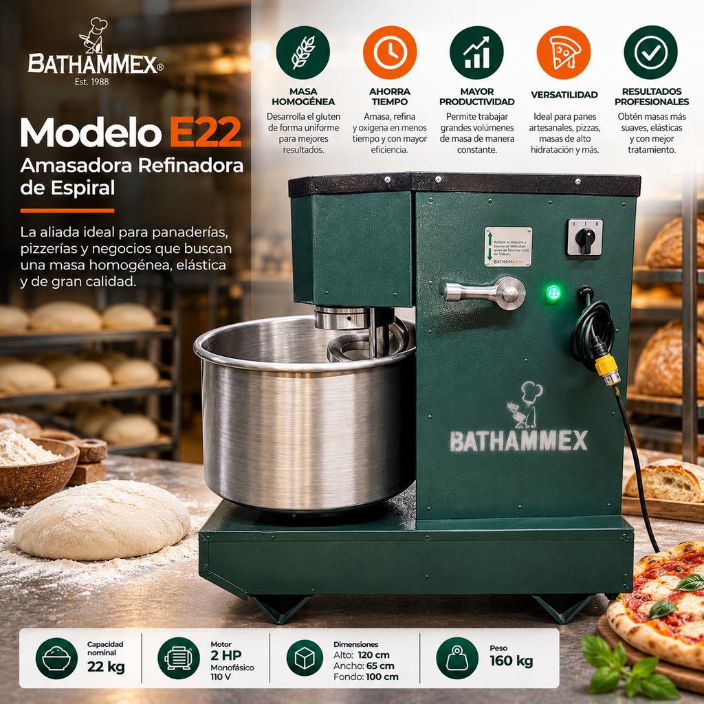 Amasadora refinadora BATHAMMEX E22 de 22 kg vista principal ilustrativa