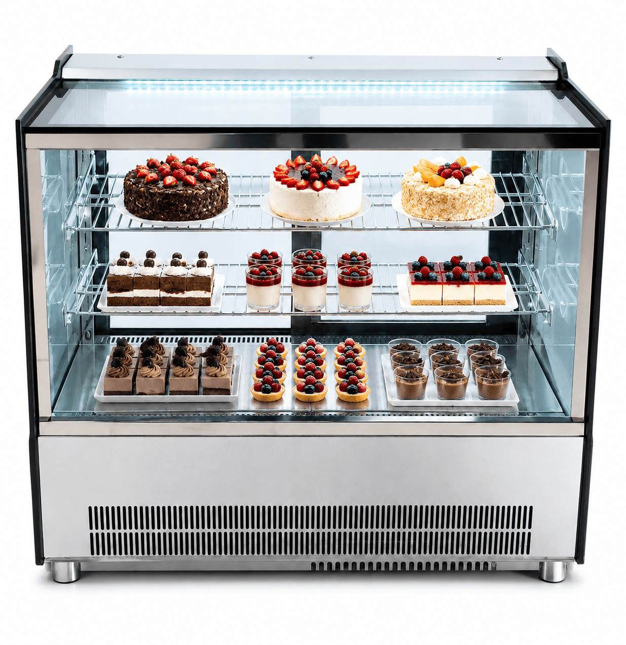 Vitrina refrigerada Gelum-Deli GD-VFG-MR-66 exhibiendo pasteles postres y repostería