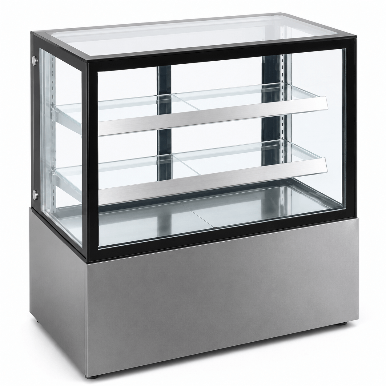 Vista lateral de vitrina refrigerada Gelum-Deli GD-VFG-PR-150-3 con repisas de cristal ajustables