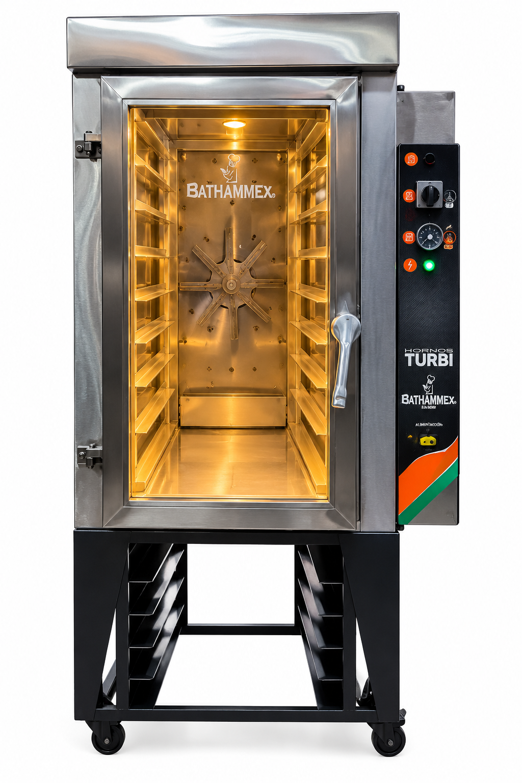 Horno Bathammex Turbi-8 manual de frente, puerta de vidrio y base con ruedas sobre fondo blanco