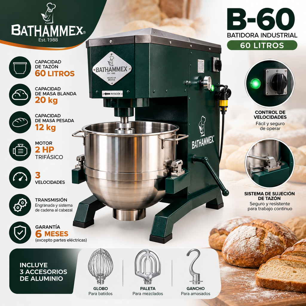 Infografía de batidora BATHAMMEX B60 capacidad de 60 litros