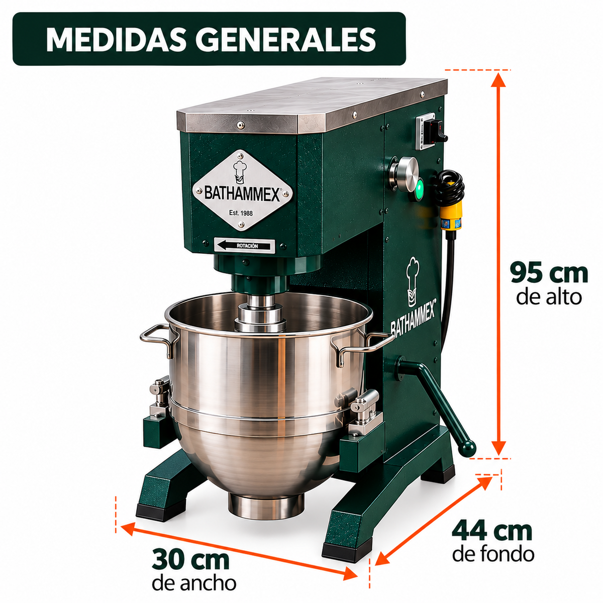 Batidora industrial BATHAMMEX B-30 de 30 litros, medidas generales: 95 cm de alto, 30 cm de ancho y 44 cm de fondo, para panadería y repostería profesional.