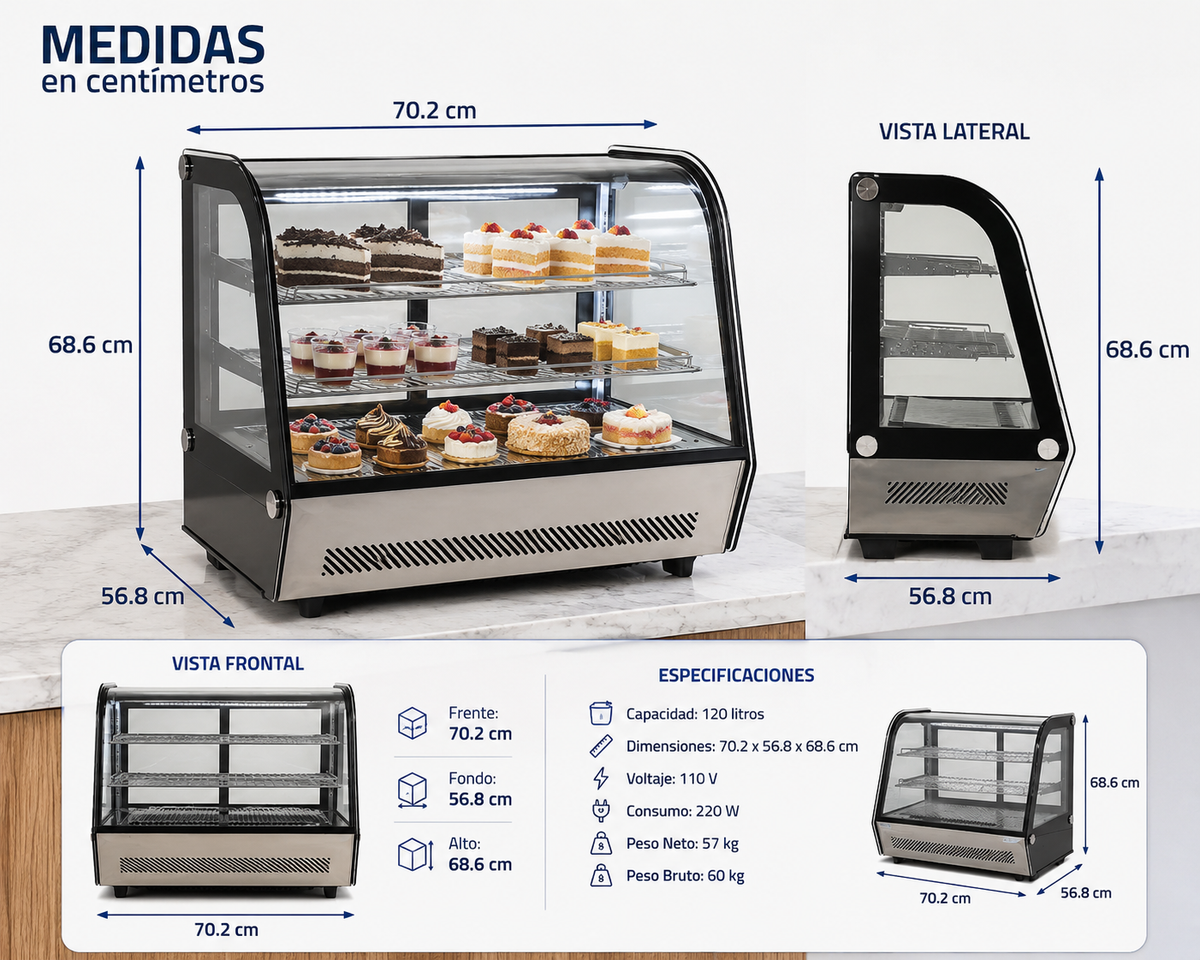 Medidas y especificaciones de vitrina refrigerada Migsa RTW-120L de 120 litros