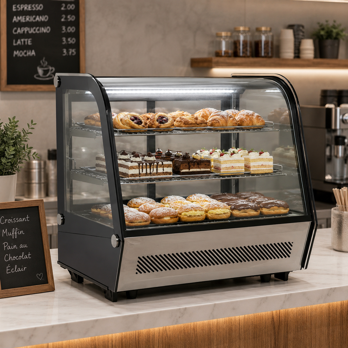 Vitrina refrigerada Migsa RTW-120L instalada sobre mostrador en cafetería