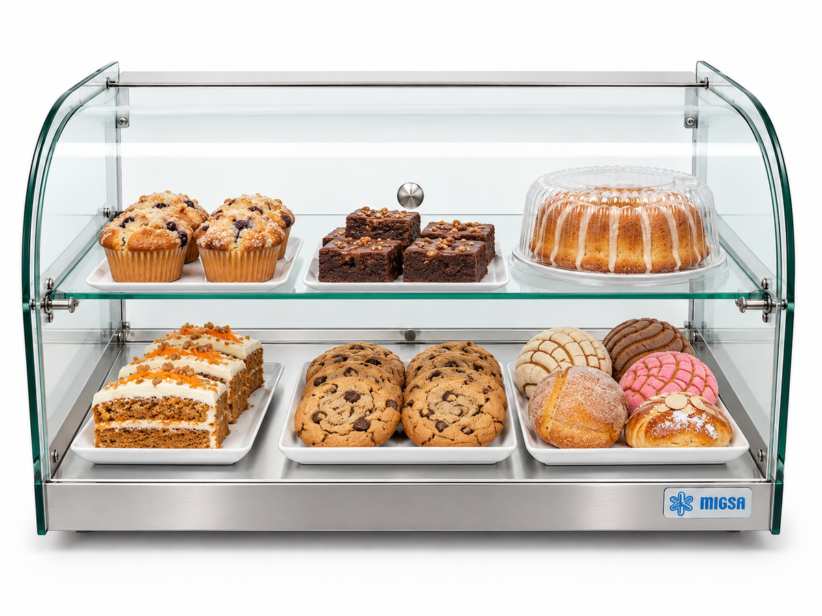 Vitrina neutra MIGSA RTZ-45L en uso con pan y repostería en exhibición