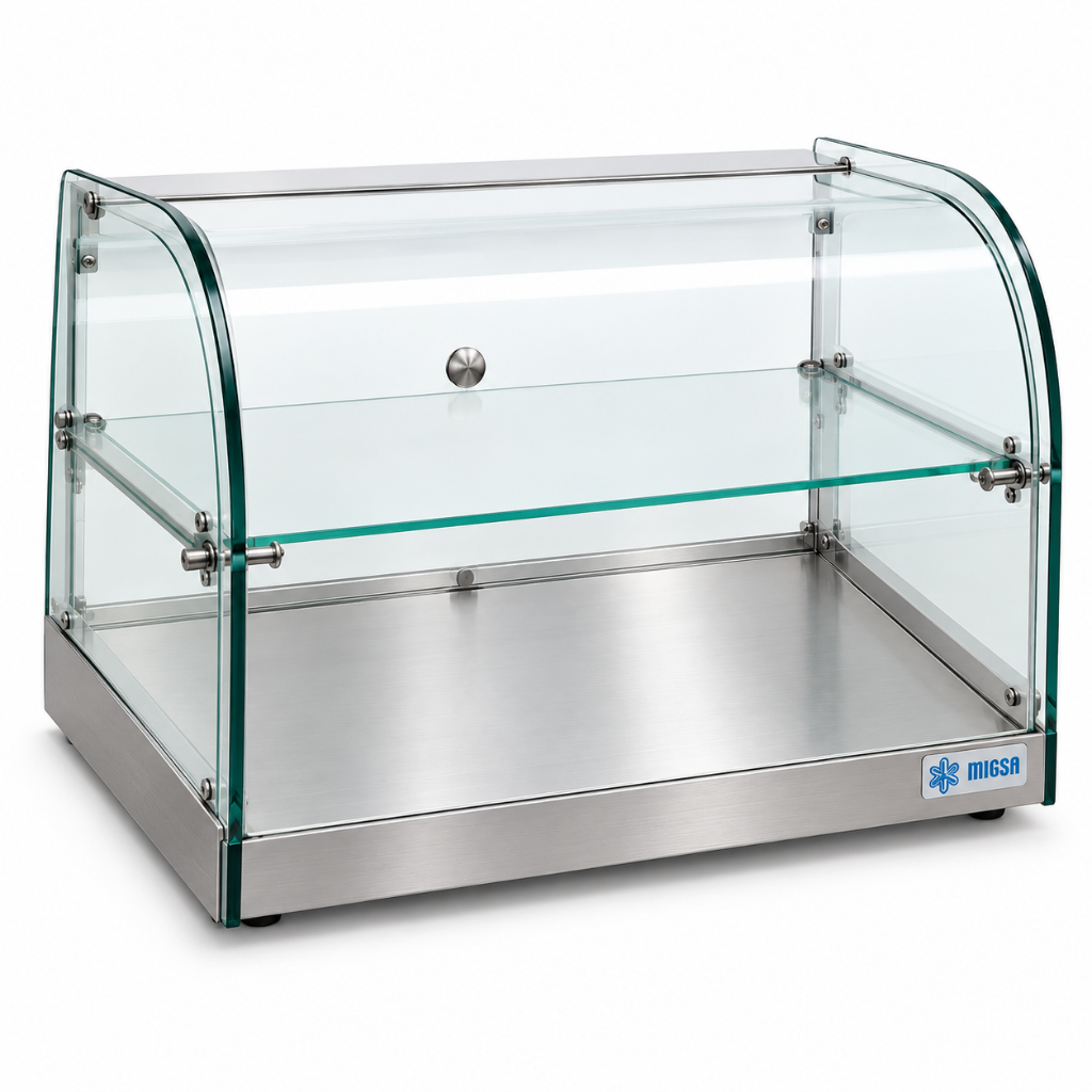 Vitrina neutra MIGSA RTZ-45L de 45 litros con cristal curvo vista en ángulo