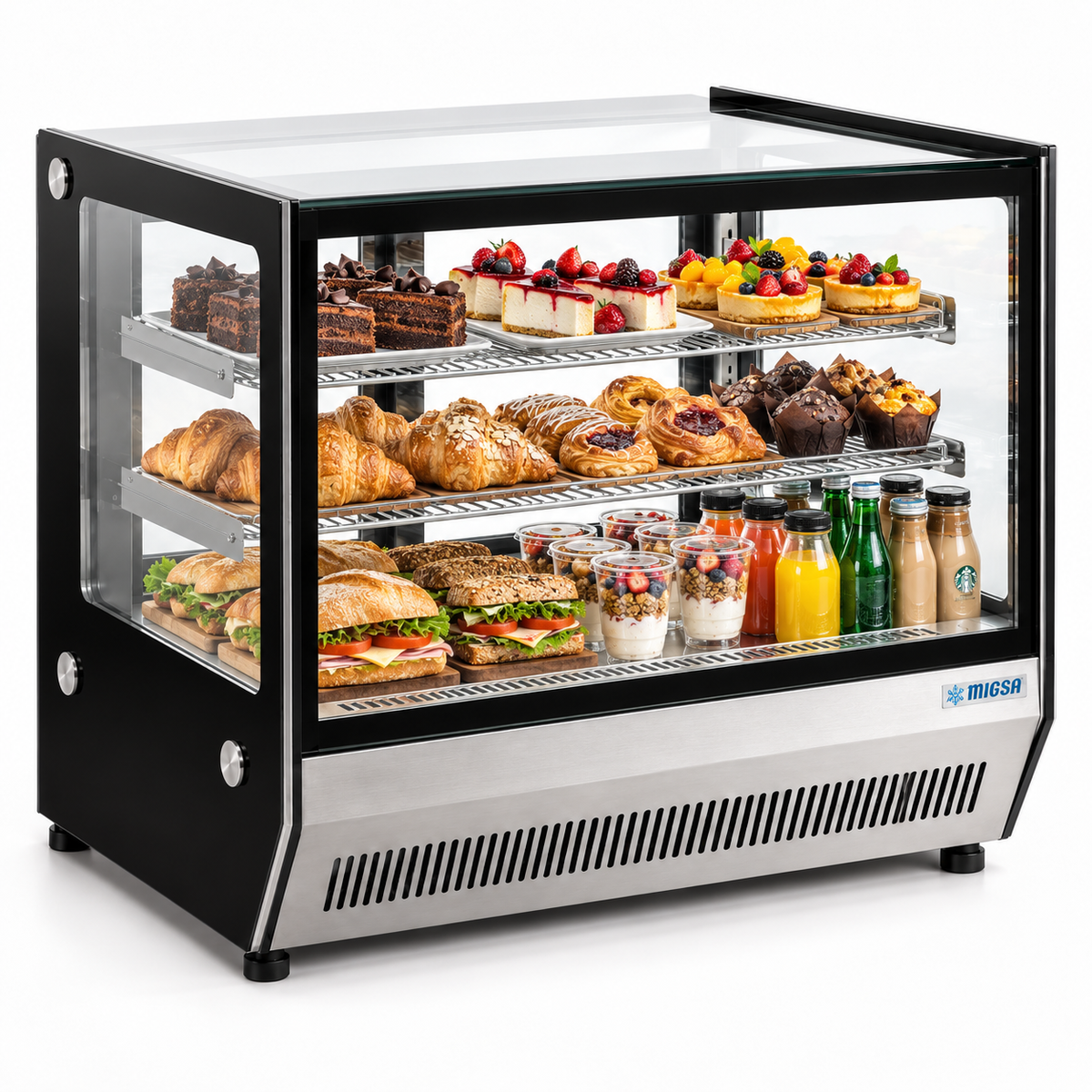 Vitrina refrigerada MIGSA GN-900RT con pan, postres y bebidas en exhibición