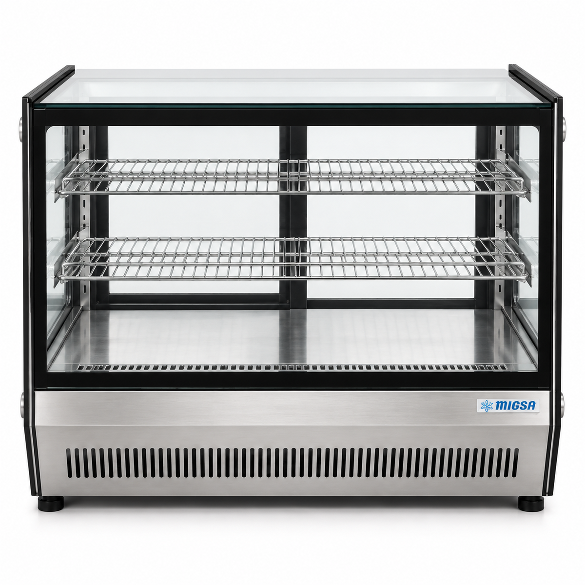 Vitrina refrigerada MIGSA GN-900RT vista frontal con cristal recto y dos entrepaños