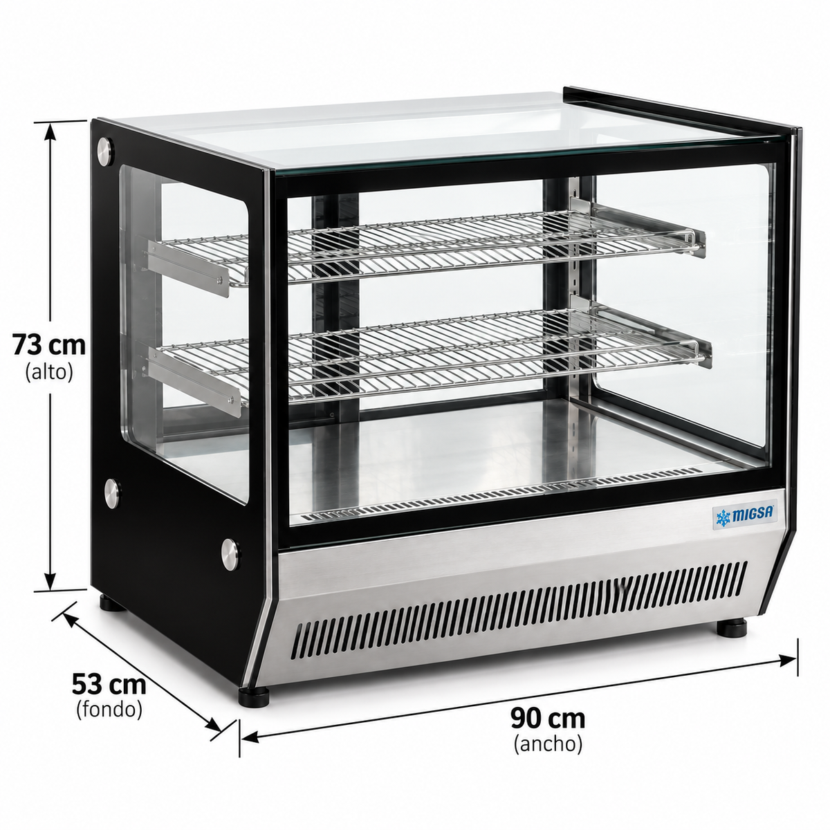Vitrina refrigerada MIGSA GN-900RT con medidas 90 x 53 x 73 cm
