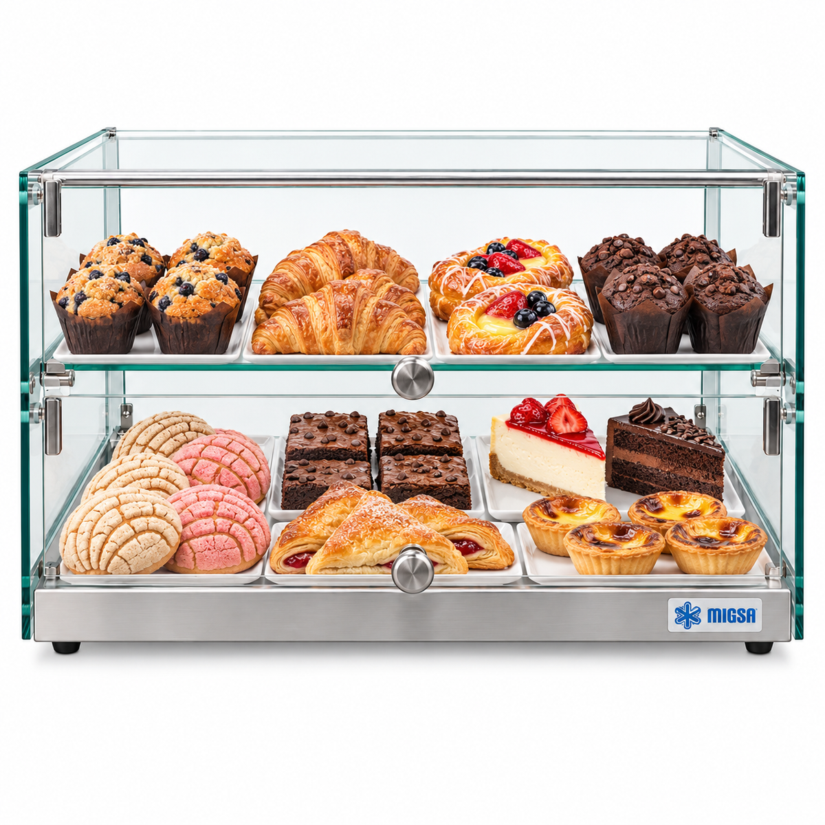 Vitrina neutra MIGSA RTZ-50L en uso con pan y repostería en exhibición