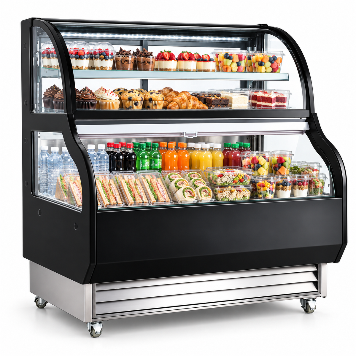 Vitrina MIGSA RTS-510L con bebidas, postres y alimentos refrigerados en exhibición
