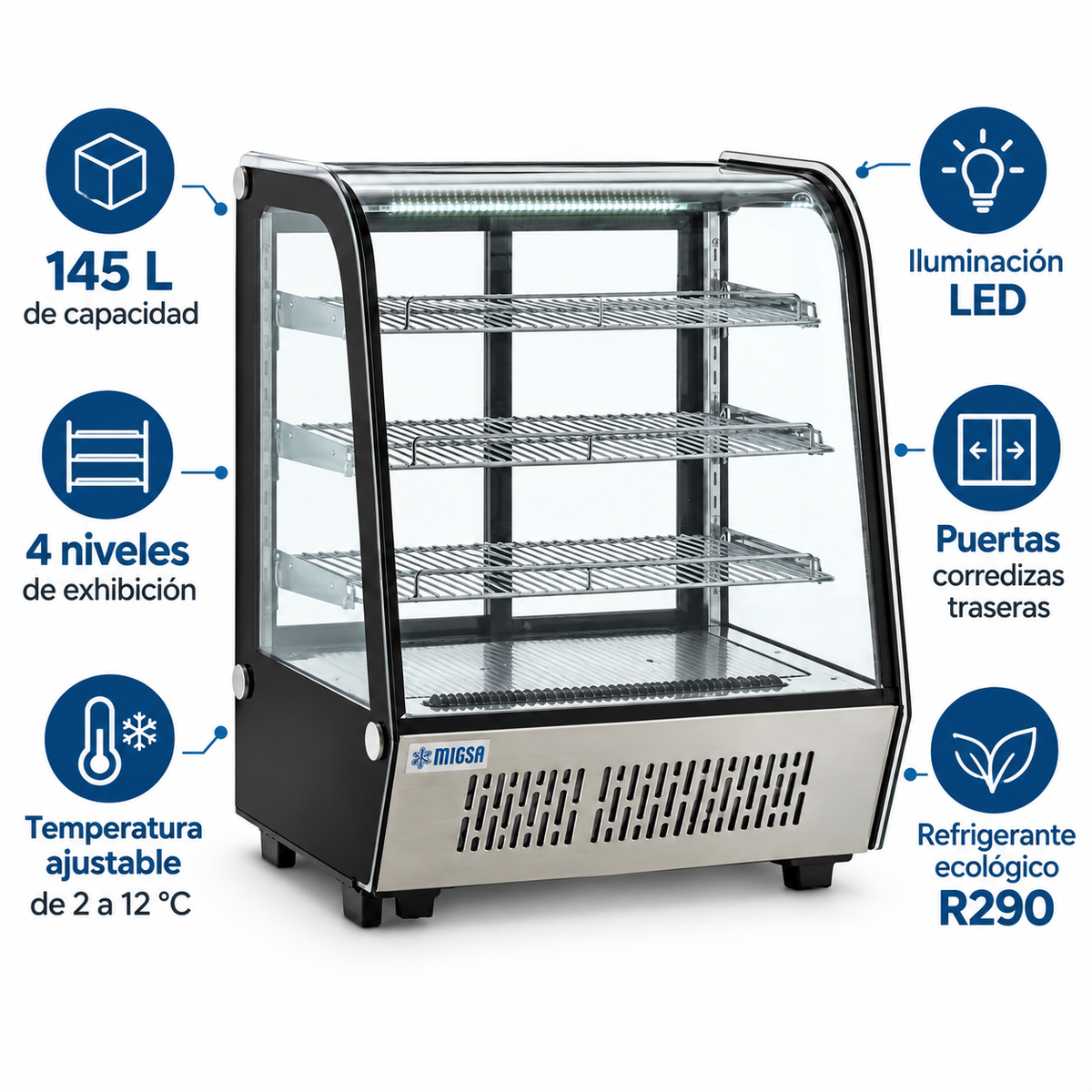 Características vitrina refrigerada MIGSA CW-145R 145 L R290