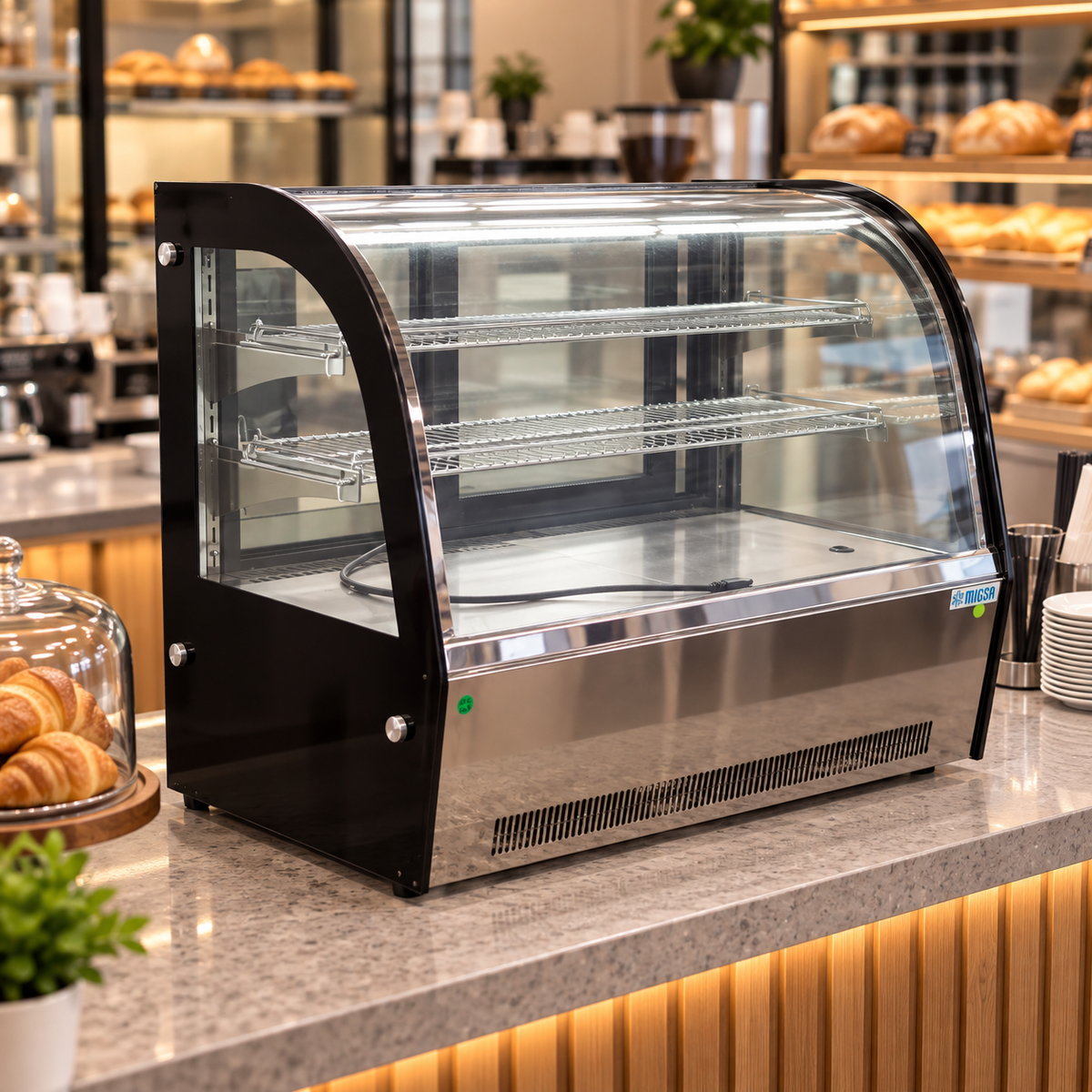 Vitrina sobre mostrador MIGSA GN-900CT instalada en cafetería con cristal curvo