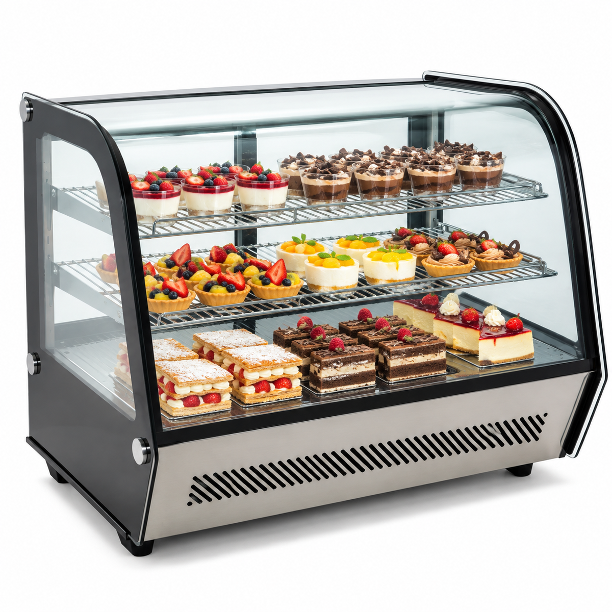 Vitrina refrigerada MIGSA RTW160L de 160 litros con postres exhibidos sobre fondo blanco