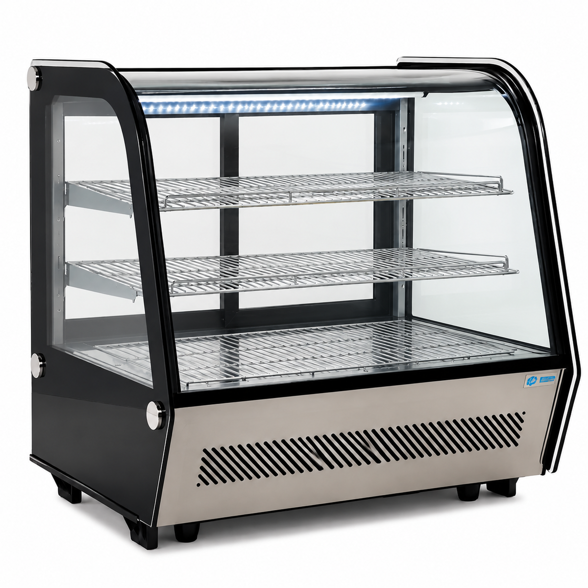 Vitrina refrigerada sobre mostrador MIGSA RTW120L de 120 litros con cristal curvo, vacía y vista en 3/4