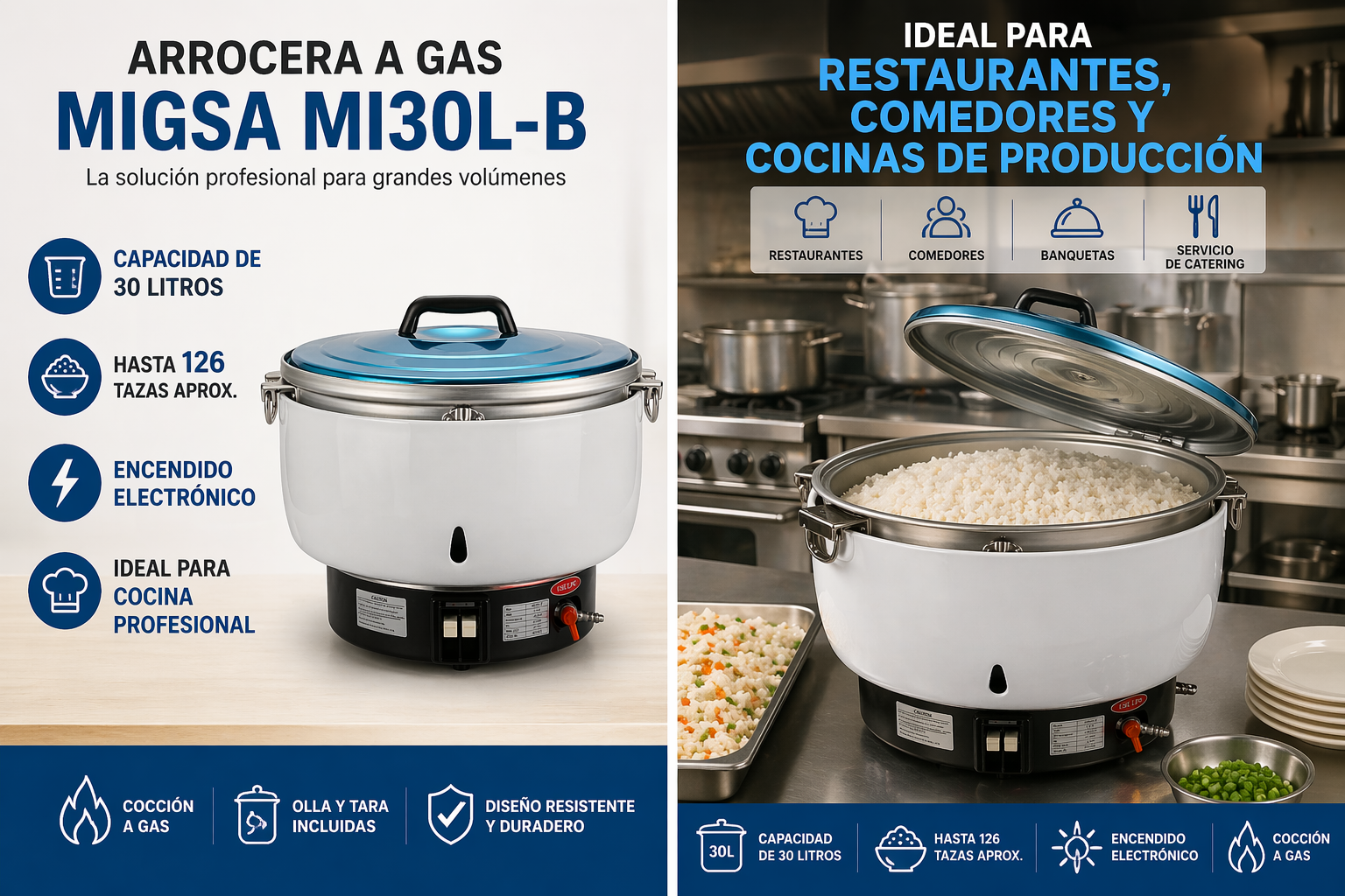 Arrocera a gas Migsa MI30L-B ideal para restaurantes comedores y cocinas de producción