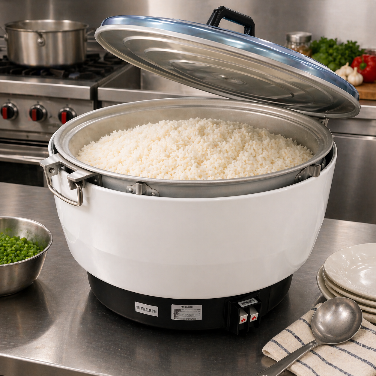 Arrocera a gas Migsa MI30L-B de 30 litros con arroz cocido en cocina profesional