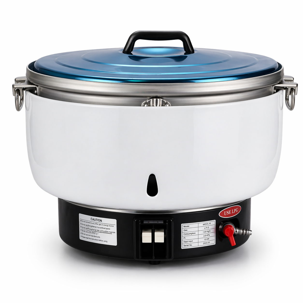 Arrocera a gas Migsa MI30L-B de 30 litros profesional vista frontal sobre fondo blanco