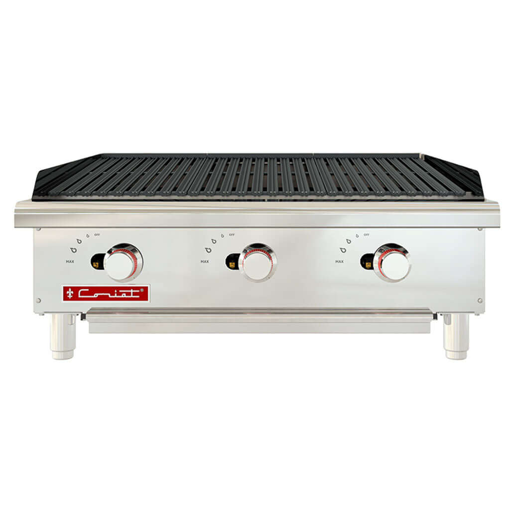 Asador de gas Coriat ACV-3 vista en angulo con parrillas reversibles de hierro fundido