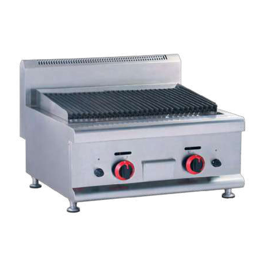 Asador grill modular MIGSA HGL607 de 4 quemadores con parrilla de fundición y dos controles frontales, vista frontal oblicua sobre fondo blanco