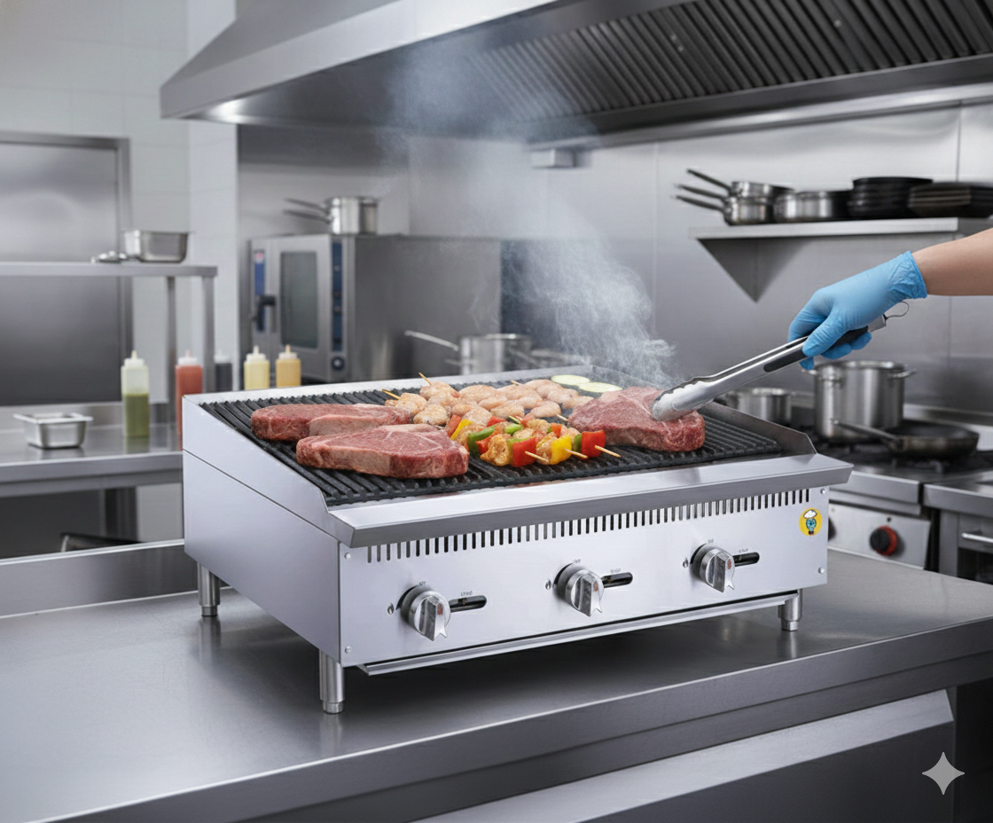 Placas abiertas de fundición en asador radiante Migsa RFS-24-MG de acero inoxidable