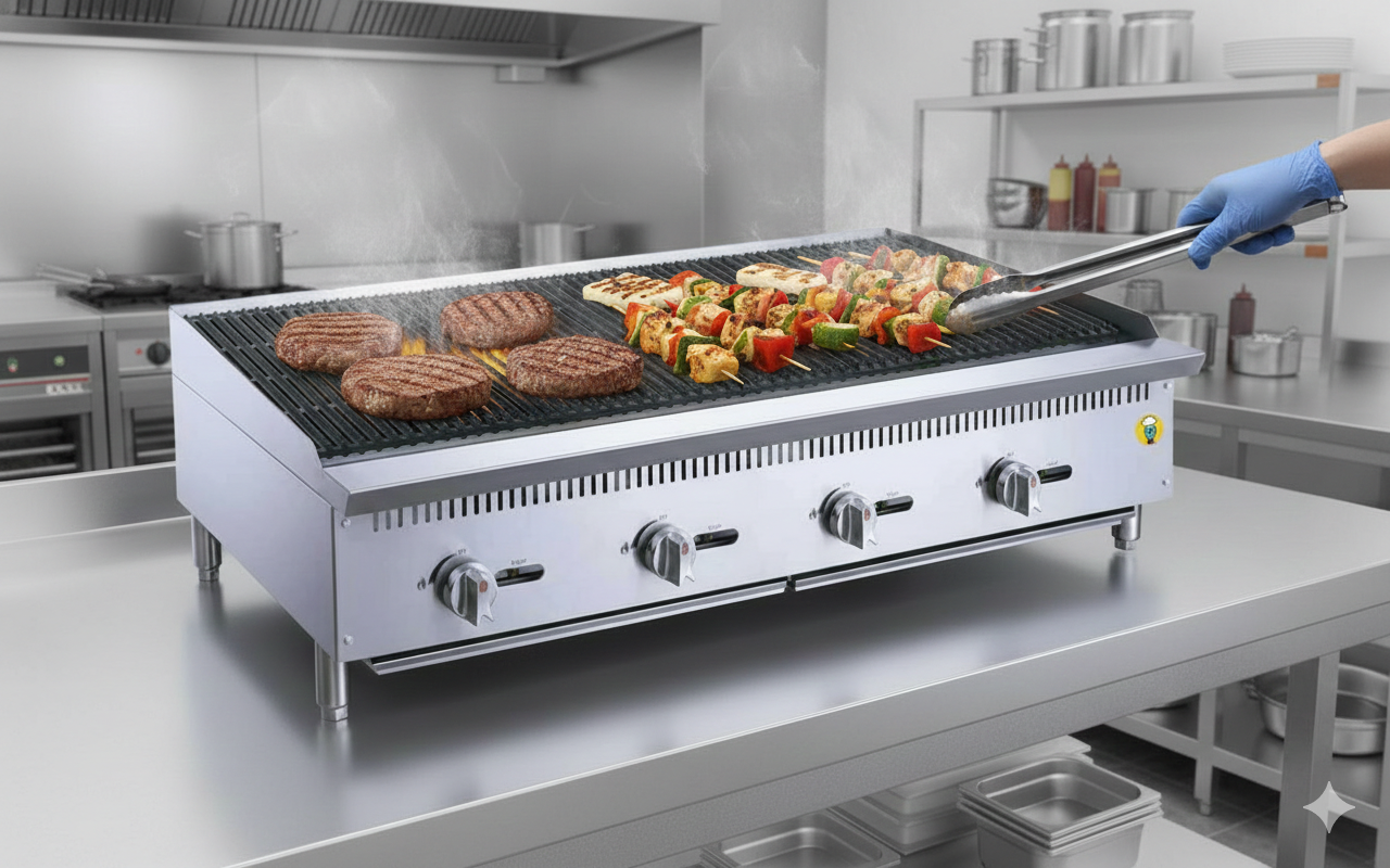Perillas y charola desmontable del asador radiante Migsa RFS-48-MG para gas LP o natural