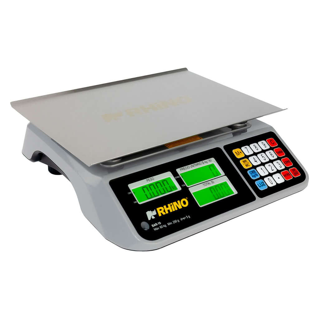 Báscula comercial Rhino BAR-10 vista de frente con plataforma de acero