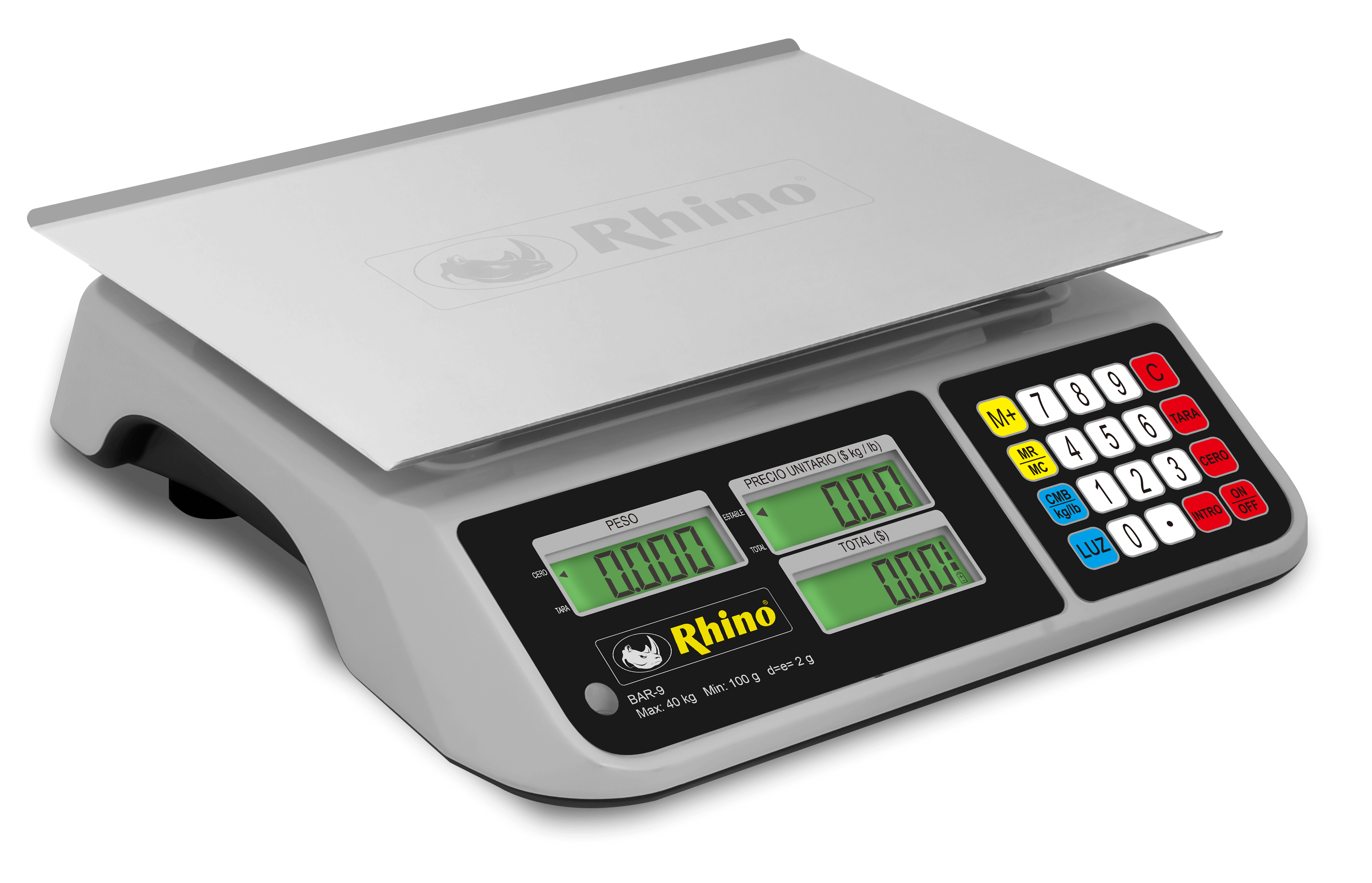 detalle de la báscula digital Rhino BAR-9 con pantalla iluminada y plato grande