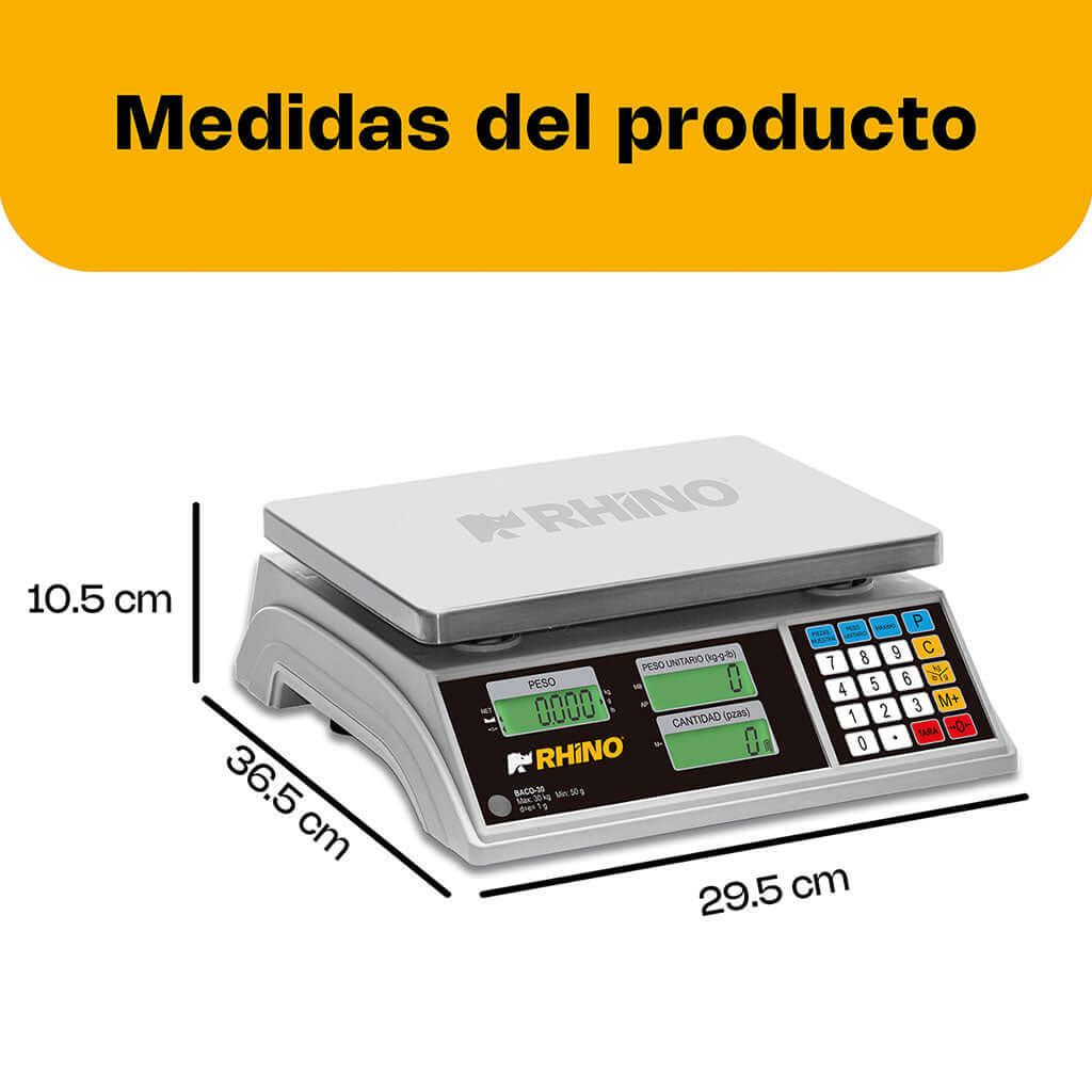 Bascula gramera Rhino BACO-30 con funciones de conteo y mica protectora
