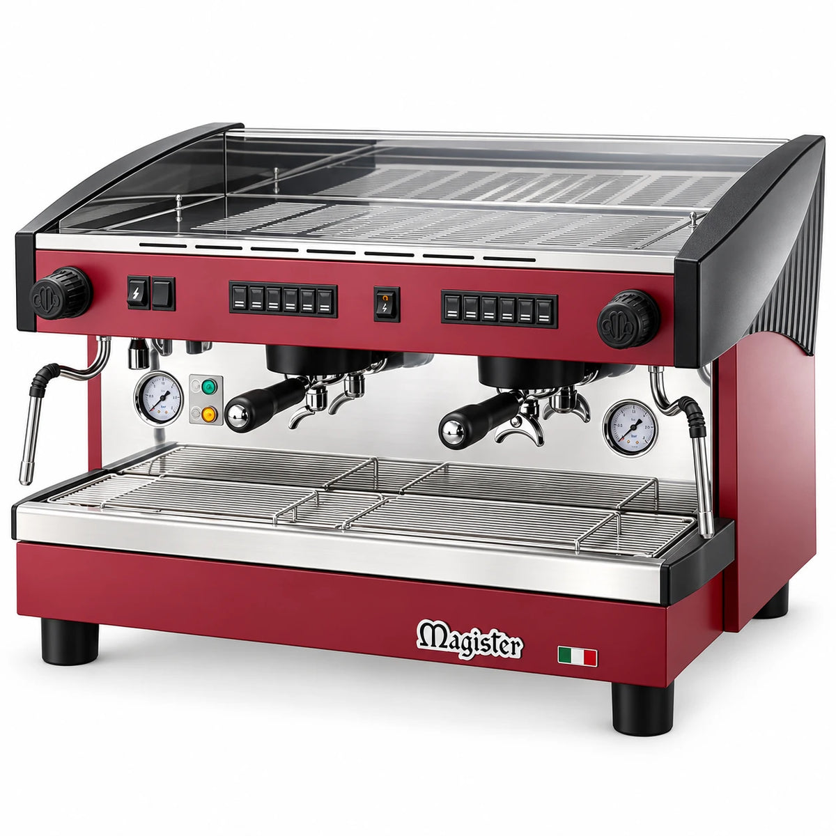 Magister STILO ES100, cafetera espresso de dos grupos vista en perspectiva con portafiltros y vaporizadores