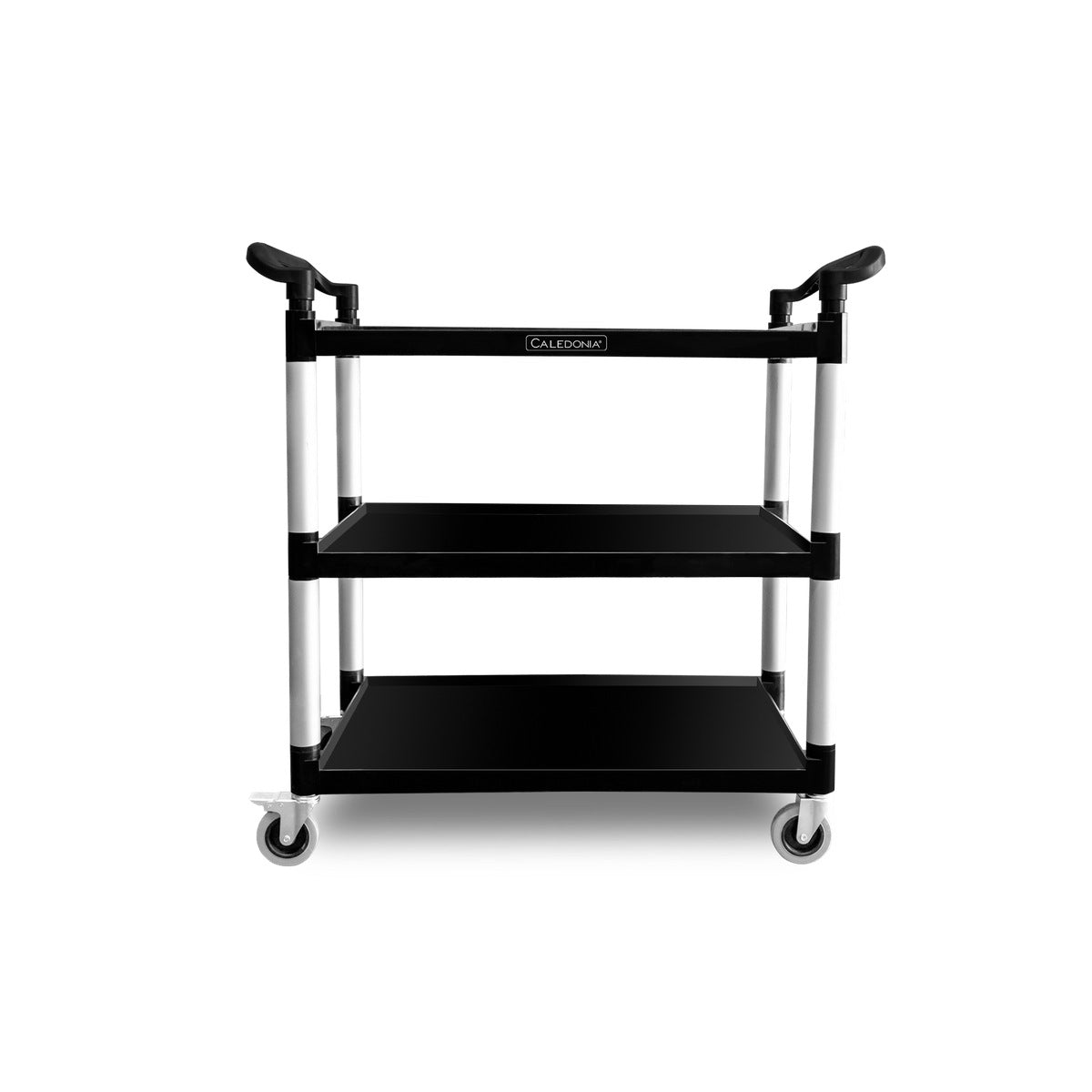 Carrito Caledonia CARSEP-03 con tres repisas negras, estructura de aluminio y ruedas. frontal.