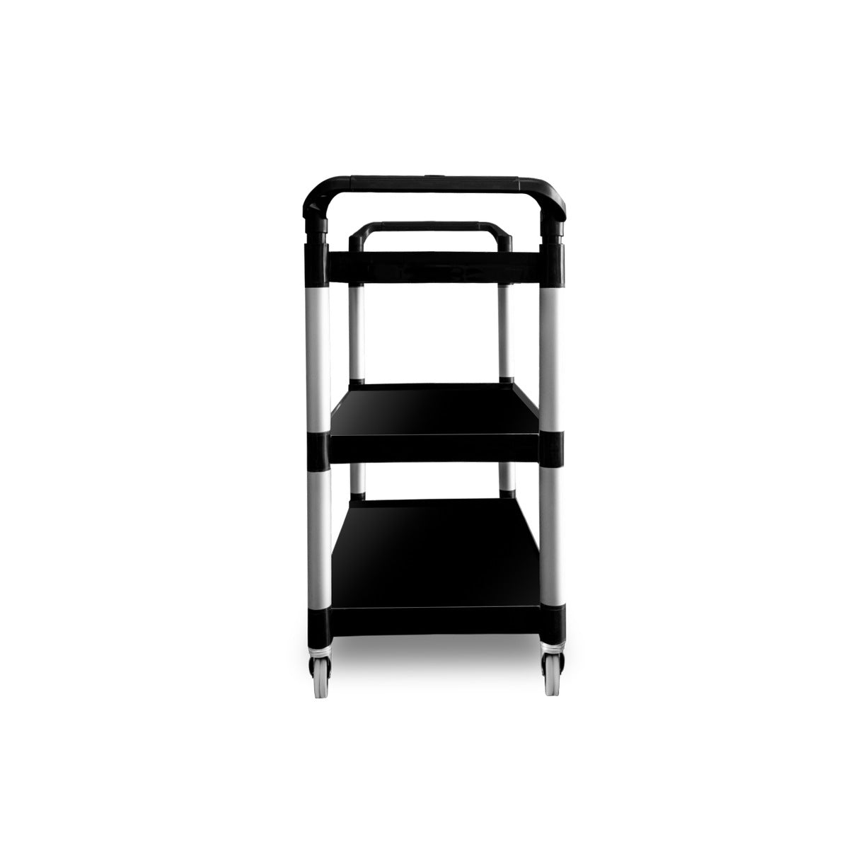 Carrito Caledonia CARSEP-03 con tres repisas negras, estructura de aluminio y ruedas. lateral.