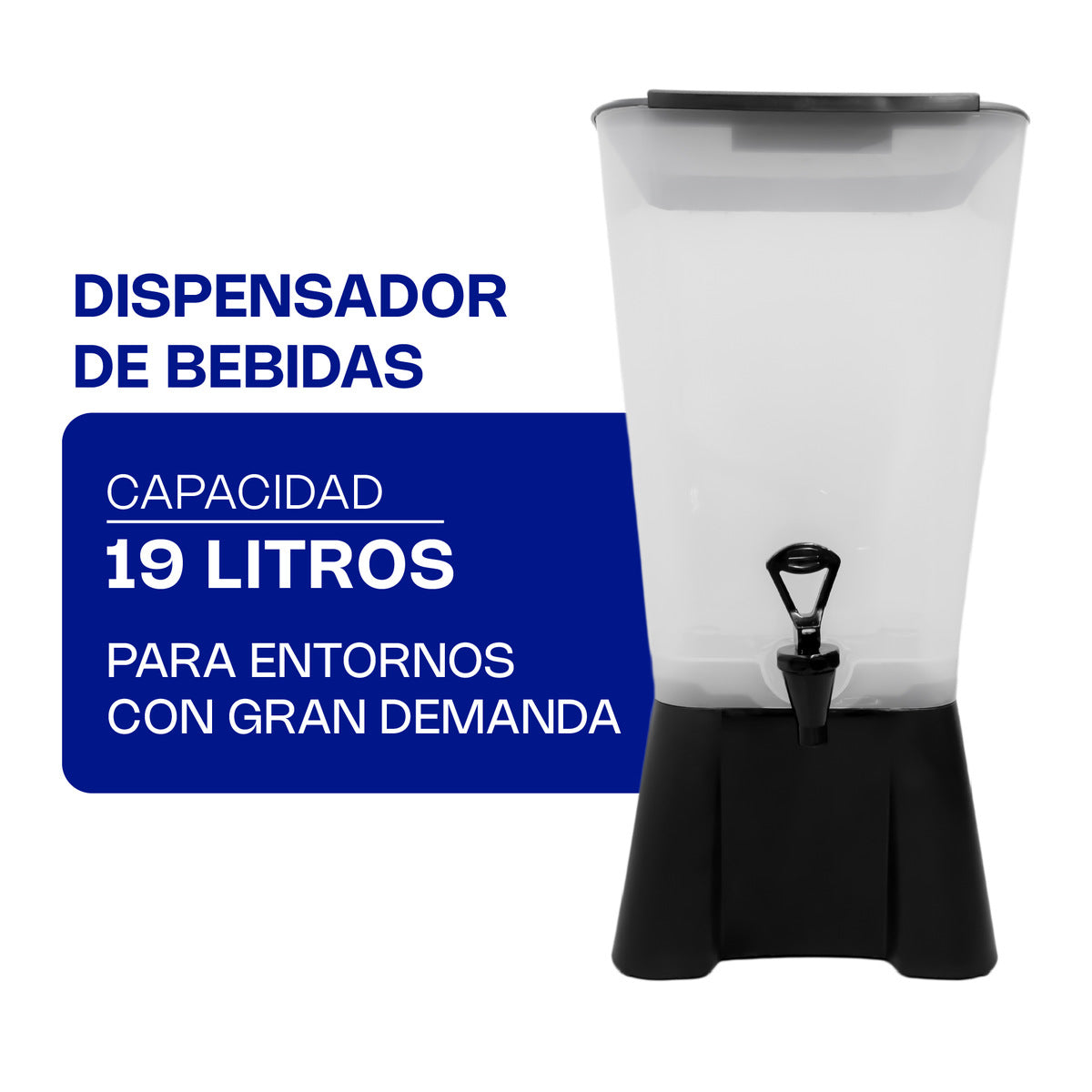 Dispensador de bebidas Caledonia DISBE-19 de 19 litros con depósito translúcido y llave de servicio manual. capacidad.