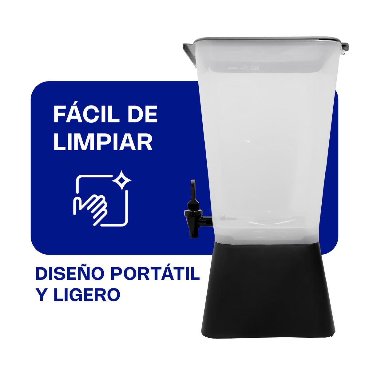 Dispensador de bebidas Caledonia DISBE-19 de 19 litros con depósito translúcido y llave de servicio manual. limpieza.
