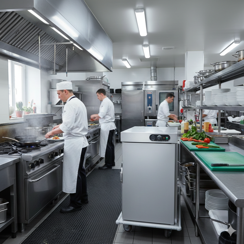 Interior del carro caliente banquetero Migsa FW-5 con parrillas cromadas