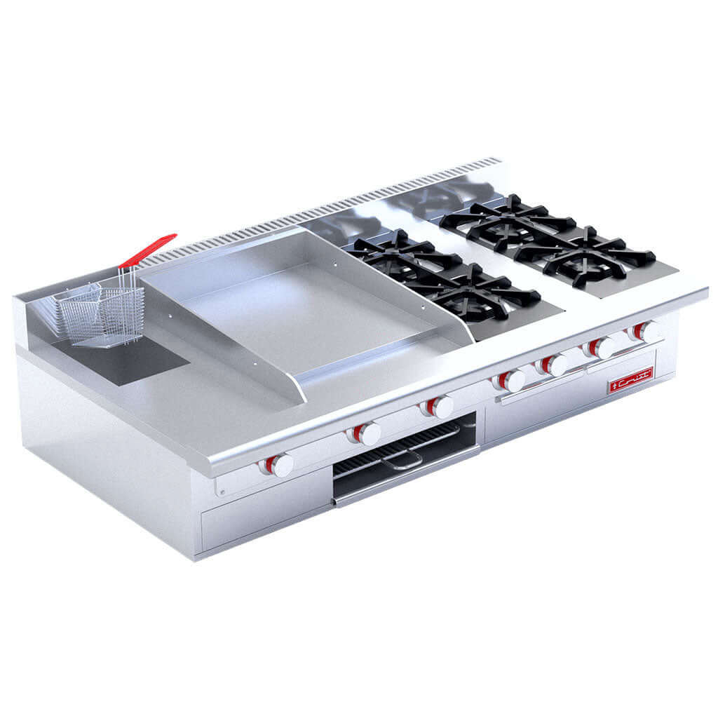 Estufa industrial de mesa Coriat Multichef Master vista frontal con plancha, freidora y quemadores