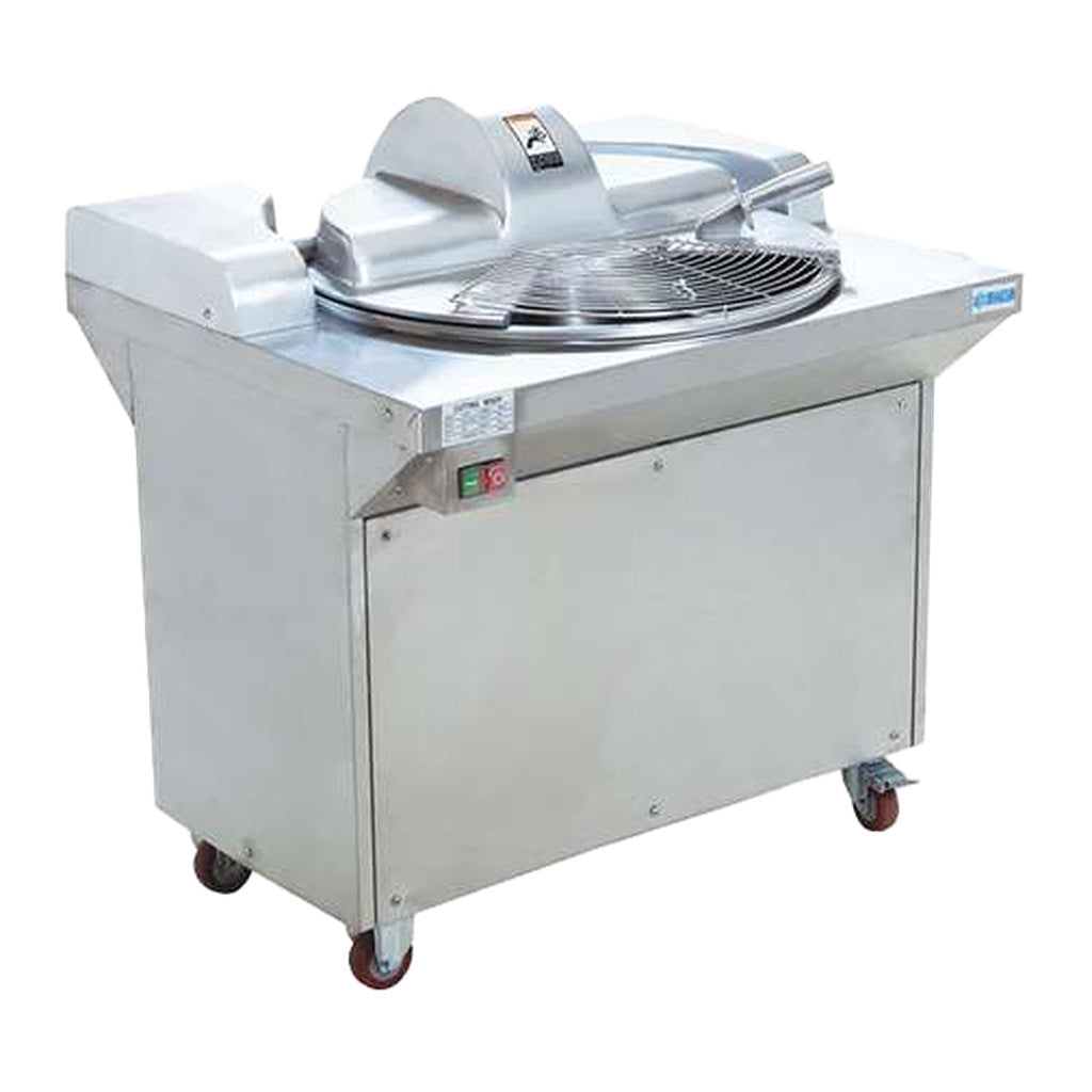 Máquina cortadora mezcladora MIGSA HLQ20 con tazón de 24 litros y ruedas, equipo original en fondo blanco