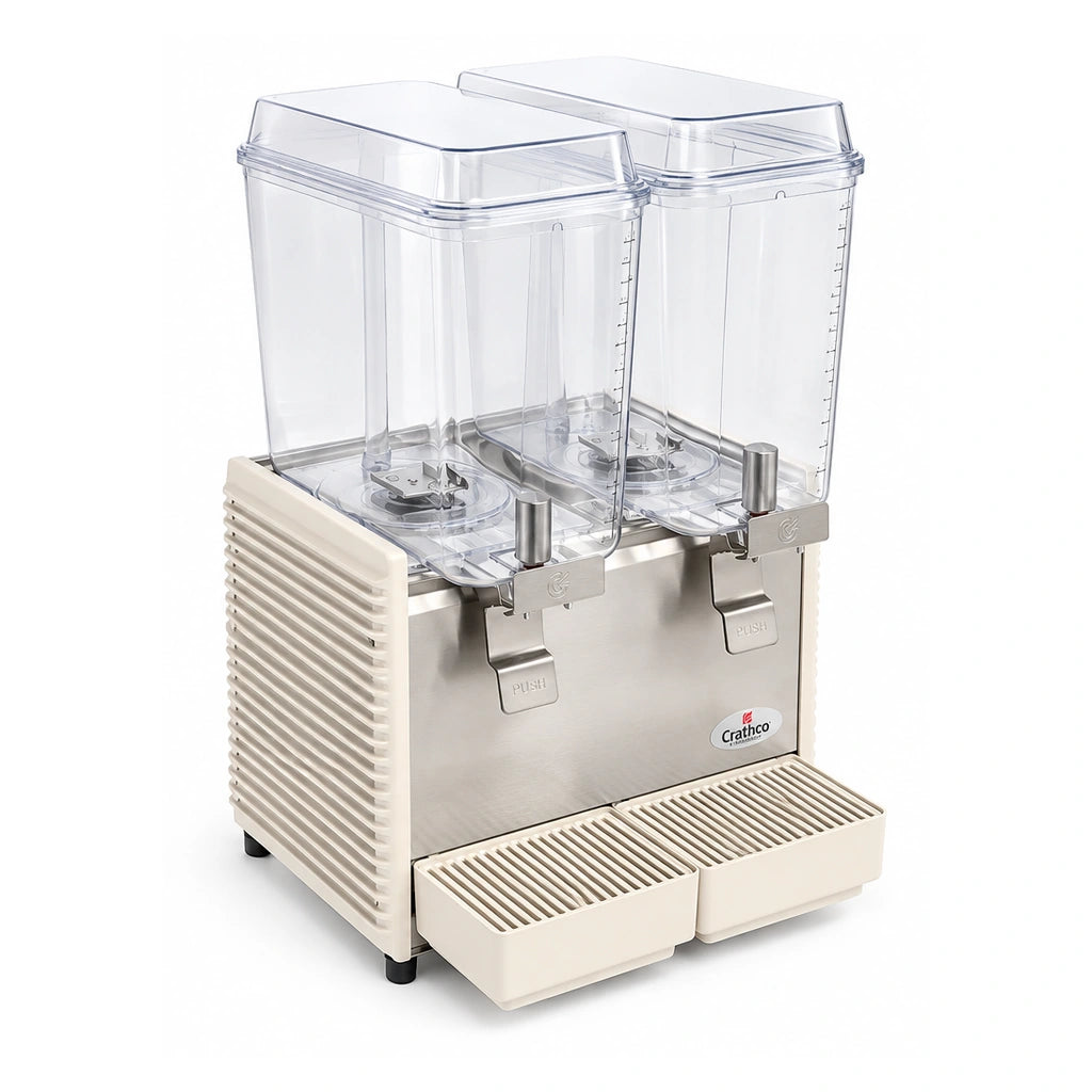 Dispensador comercial CRATHCO D25-4 con dos tazones transparentes, vista tres cuartos de estudio y bandejas de goteo
